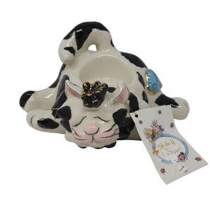 Heather Goldminc Stanley Black White Tabby Cat Tealight Candle Holder